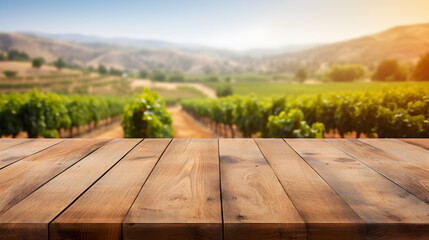 Brown top table of timber planks in front of blurred background of agricultural in summer. Empty...