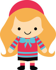 Cute Kid Christmas Girl Character Flat Design. Scandinavian Kawaii Seasonal Sticker.
Christmas cute character flat style in winter jumper for Merry Christmas and Happy New Year card and decorations.