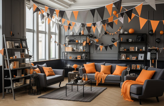 Halloween party in living room - decorations with lanterns and pumpkins , jack-o-lantern, modern classic style, 3D render 3D illustration