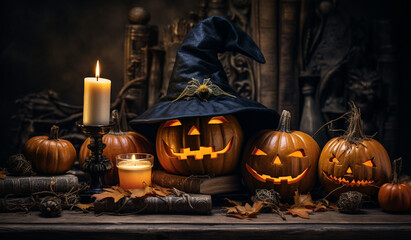 Halloween witch table with lighted pumpkins, hat and candles, black background, 3D rendering
