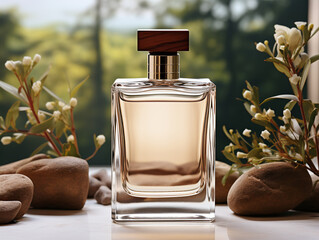 Transparent bottle of perfume with no label on nature background. Fragrance presentation with daylight. Trending concept in natural materials with plant shadows. Women's and men's