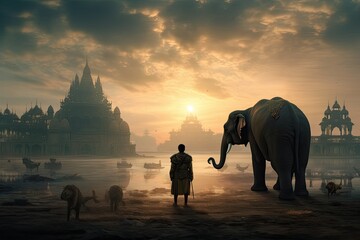 landscape of elephants and people with a temple view