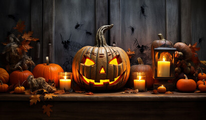 Halloween pumpkin decorations. Happy Halloween party background.3d render
