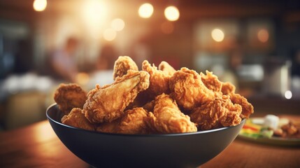Fried chicken in black plate  on wooden table, blurred background, fast food restaurant.