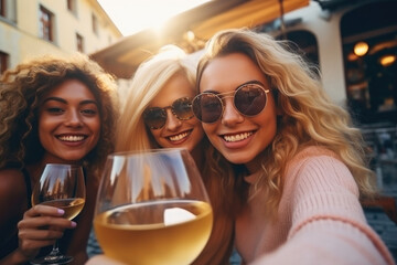 three young women are having a drink and taking selfies outside the restaurant - obrazy, fototapety, plakaty