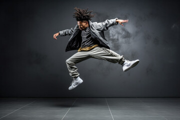 Young male hip hop dancer dancing in front of grey wall in grey clothes
