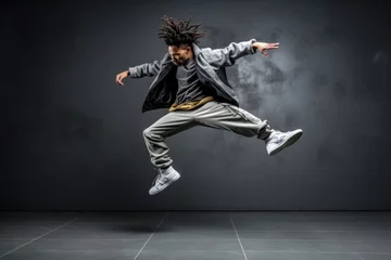  Young male hip hop dancer dancing in front of grey wall in grey clothes © ty