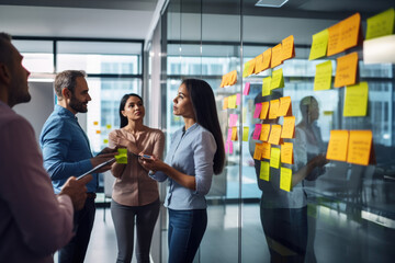 Team of young creative marketing experts brainstorming during work, making plans and projects with post stickers on glass partition