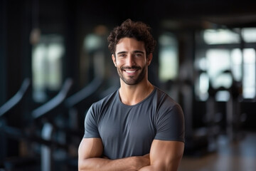 Fototapeta na wymiar Portrait of smiling handsome young caucasian man posing after training in gym