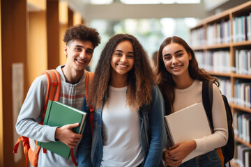 Three happy students with backpack standing near bookshelves at university library looking at camera