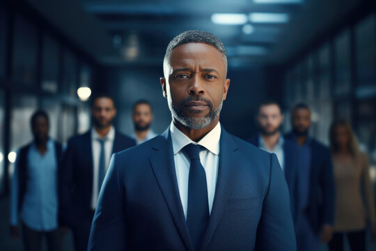 handsome middle aged african male businessman standing in front of his colleagues at the office with glass partitions, night time