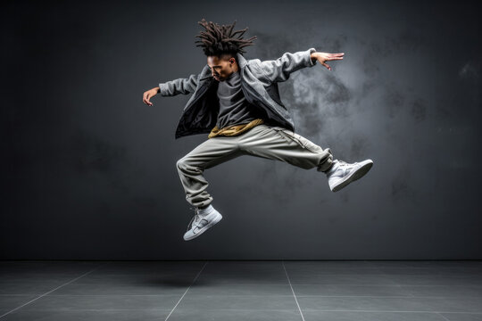Young male hip hop dancer dancing in front of grey wall in grey clothes