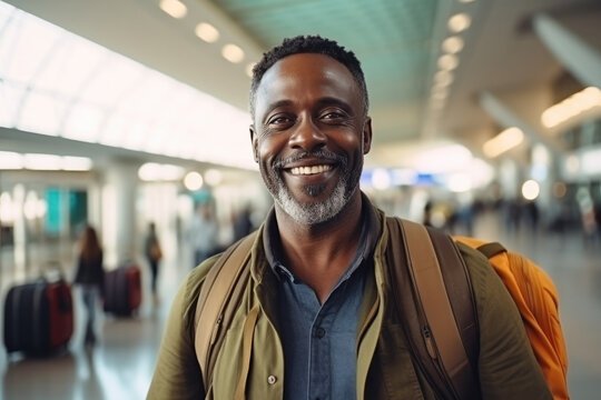 Middle aged african male tourist in airport with backpack, smilling and looking at camera