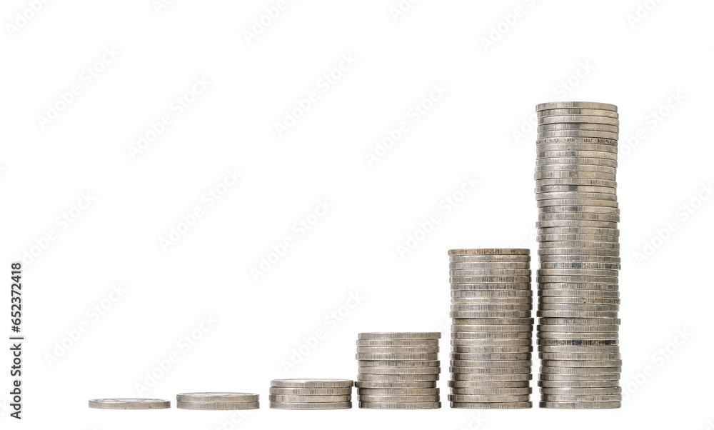Poster isolate of increasing coins stacking on white background for deposit saving and business investment 