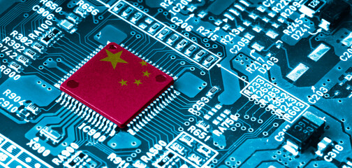 China flag print screen on Microchip processor on electronic board for important component in computer smartphone, China is the largest main manufacturing in the world of global supply chain concept.