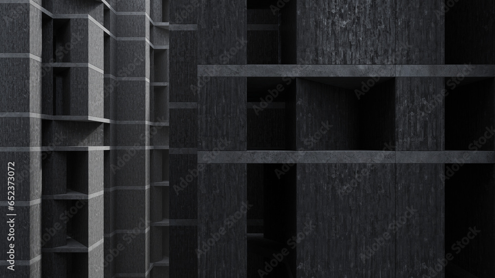 Poster concrete building with brutalism design. 3d rendering of abstract architecture background.