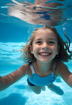 A little cute kiddy girl enjoys vacation by playing under the water.