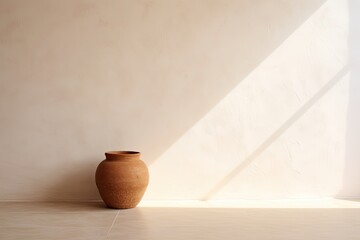 brown clay pot in the corner of a white concrete wall (Generative AI)