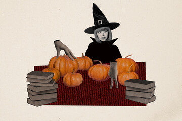 Creative composite photo collage of hands without bodies help thoghtful witch prepare for occult...