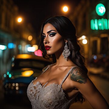 Beautiful Cuban women on the streets of Havana in evening dresses