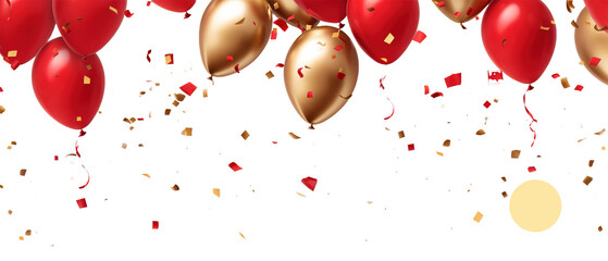 Celebration with gold confetti and red  gold balloons - obrazy, fototapety, plakaty