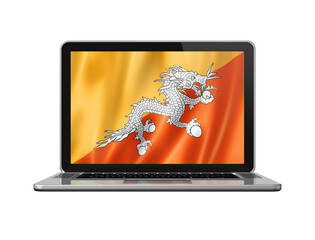 Bhutan flag on laptop screen isolated on white. 3D illustration