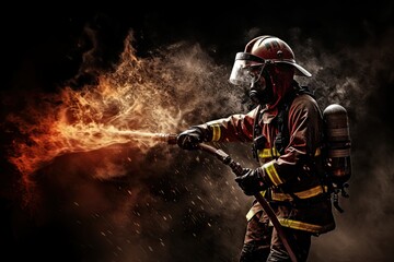 Naklejka premium Fireman with water spray nozzle isolated on splash fire