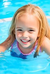 Fototapeta na wymiar A little cute kiddy girl enjoys playing in the swimming pool