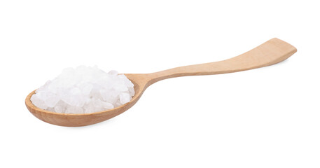 Wooden spoon with natural sea salt isolated on white