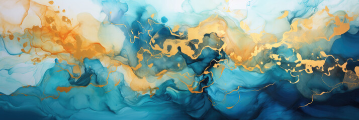 Bright colors mixing abstract background watercolor paints in water. Horizontal banner