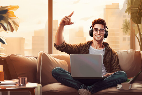 Illustration of young man working from his laptop in his living room. Listening to music on your headphones. Remote work. Self employment.