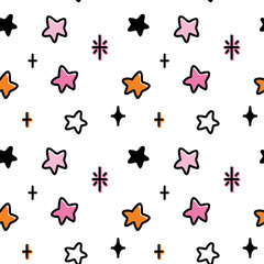 Colored stars on a white background, simple print for kid products. Seamless pattern. Vector.