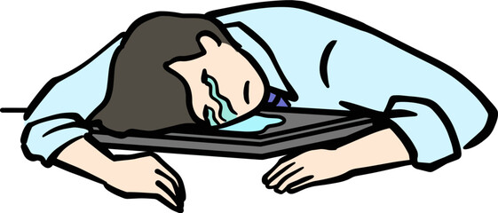 閉じたパソコンに突っ伏して涙にくれるスーツ男性のイラスト