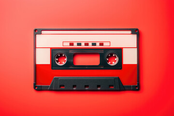 Obraz premium Audio cassette on red background, pop retro music concept