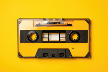 Fototapeta premium Audio cassette on a bright yellow background, pop retro music concept