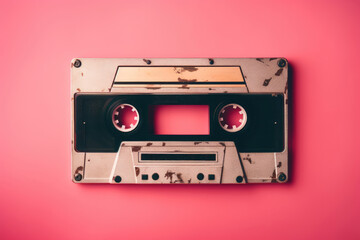 Naklejka premium Audio cassette on a pink background, pop retro music concept
