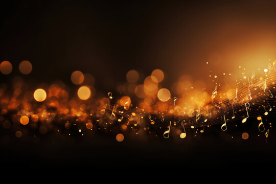 Golden musical background made of colored notes and bokeh