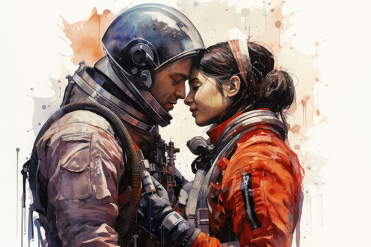 kissing space astronauts in watercolor style