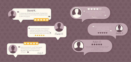 Social media templates for customer feedback review, speech bubble quote. Square vector background in beige color with star rating and customer icons. Vector illustration with editable text