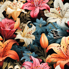 Seamless pattern Lily Flowers vintage style, multiple sizes, AI generated