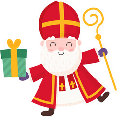 Happy and Cute Sinterklaas or Saint Nicholas with gift - vector illustration isolated on transparent background - obrazy, fototapety, plakaty