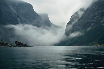 Sea bay or lake and misty fjords landscape. - obrazy, fototapety, plakaty