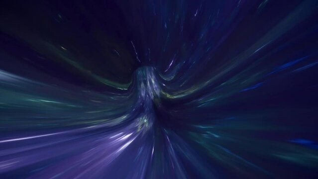 Speed of digital lights, neon glowing rays in motion into digital technologic tunnels. 3D animation Abstract blue vortex time portal. Fantastic animation of an astral tunnel or travel wormhole
