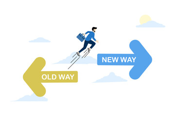 concept of adapting to change, improvement and development of self or business. businessman jumping with arrows pointing towards the past and future. flat vector illustration on white background. - obrazy, fototapety, plakaty