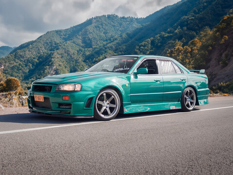SABADELL, SPAIN-SEPTEMBER 21, 2023: 1998 Nissan Skyline R34 (HR34 Turbo Sedan), 4 doors.