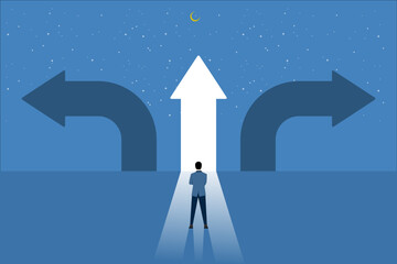 Businessman must choose between three different options indicated by arrows pointing in opposite directions concept, Choosing the right path. Choices and decisions, path selection dilemmas.