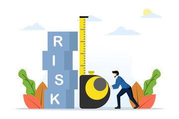 Risk assessment and investigation, analyzing the level of potential danger, measuring acceptable loss of money for investment, controlling or limiting losses, businessman measuring risk box with ruler