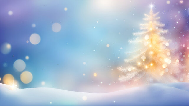 Christmas blurred background with snowy fir trees and garland lights. New Year, winter holidays banner for design.Generative AI 