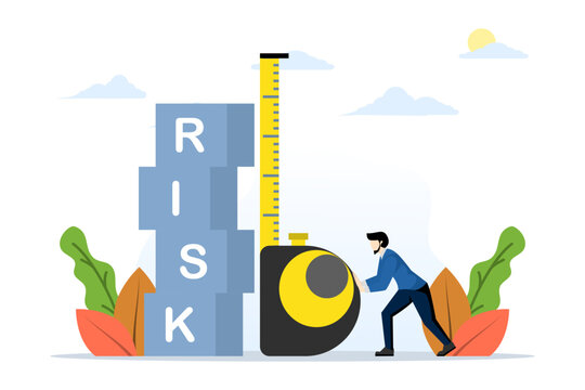 Risk assessment and investigation, analyzing the level of potential danger, measuring acceptable loss of money for investment, controlling or limiting losses, businessman measuring risk box with ruler