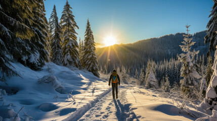 a man is walking with skis through a beautiful winter landscape on a sunny day - obrazy, fototapety, plakaty